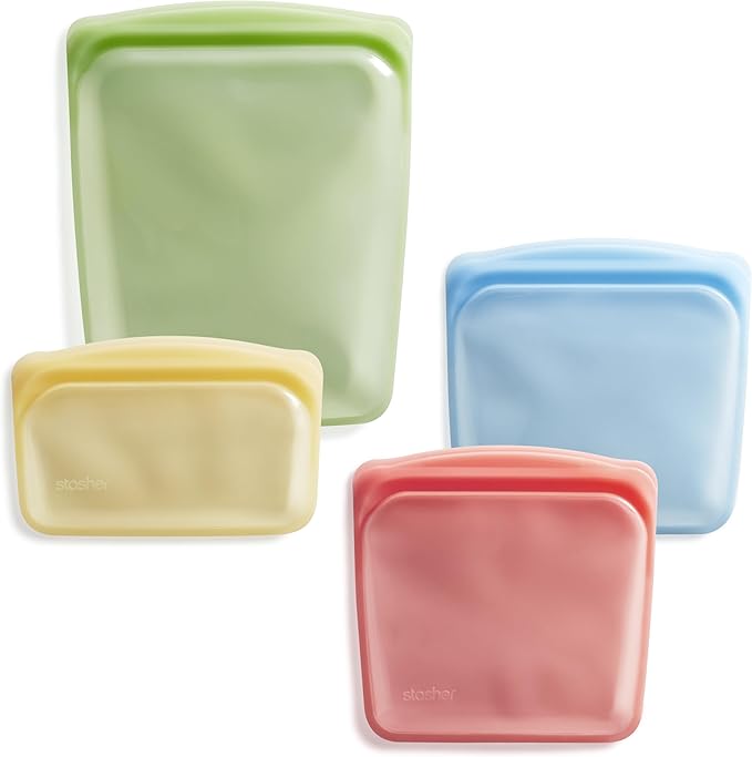 Stasher Silicone Reusable Storage Bags, 4-Pack, Reusable Freezer Bags, Microwave, Dishwasher, Oven Safe, Sous Vide, Premium Lunch Containers, Eco Friendly, Food Storage Bags, Snack Bags, Multicolor | Reusable Food Bag