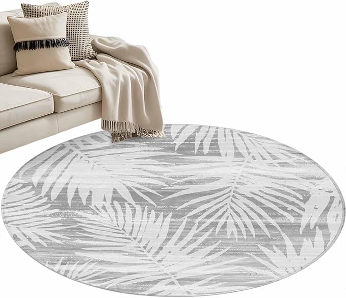 Washable Round Area Rug Modern Gray Palm Leaves Circle Rugs Floor Carpet for Living Room Bedroom, Boho Tropical Leaves Soft Non Slip Round Rug 3ft
