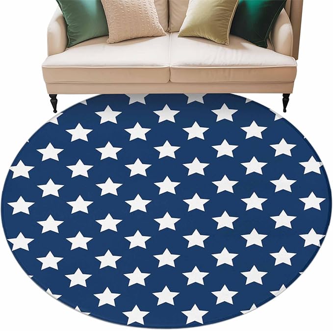 Washable Round Area Rug 4th of July White Star on Navy Blue Circle Rugs Floor Carpet for Living Room Bedroom, Independence Freedom Liberty Soft Non Slip Round Rug 5ft