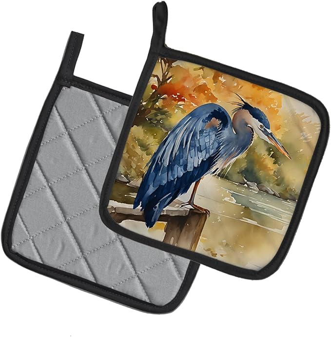Caroline's Treasures Blue Heron Pair of Pot Holders Kitchen Heat Resistant Pot Holders Sets Oven Hot Pads for Cooking Baking BBQ, 7 1/2 x 7 1/2