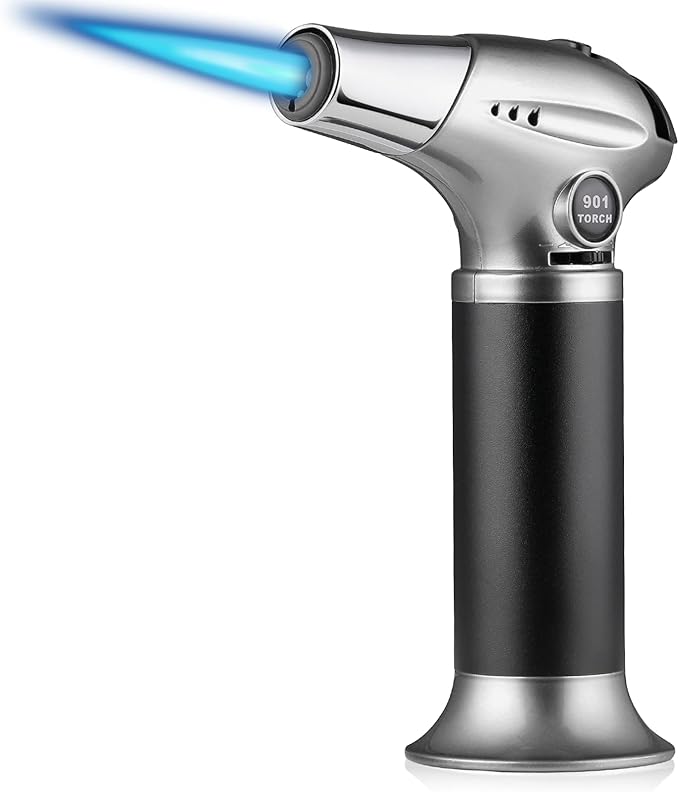 mollie Mini Butane Torch Lighter with Adjustable Flame, Small Refillable Kitchen Cooking Blow Torch for Creme Brulee, Windproof Baking Torch with Safety Lock, Silver (Butane Gas Not Included)