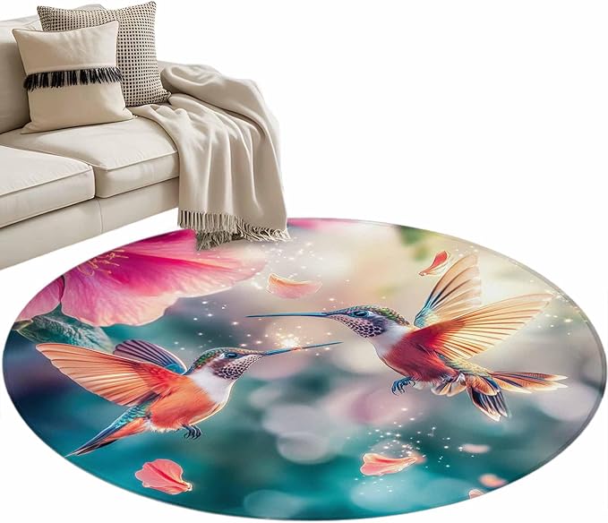 Washable Round Area Rug Spring Hummingbird Pink Petals Flowers Circle Rugs Floor Carpet for Living Room Bedroom, Dreamlike Animal Focus Scenery Soft Non Slip Round Rug 3ft