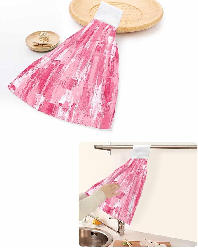 Alandar Home Kitchen Tie Towel Set of 2, Modern Pink Painting Texture Absorbent Soft Hand Towels for Bathroom Hanging Towels, Abstract Graffiti Art Fast Drying Cleaning Cloth with Loop