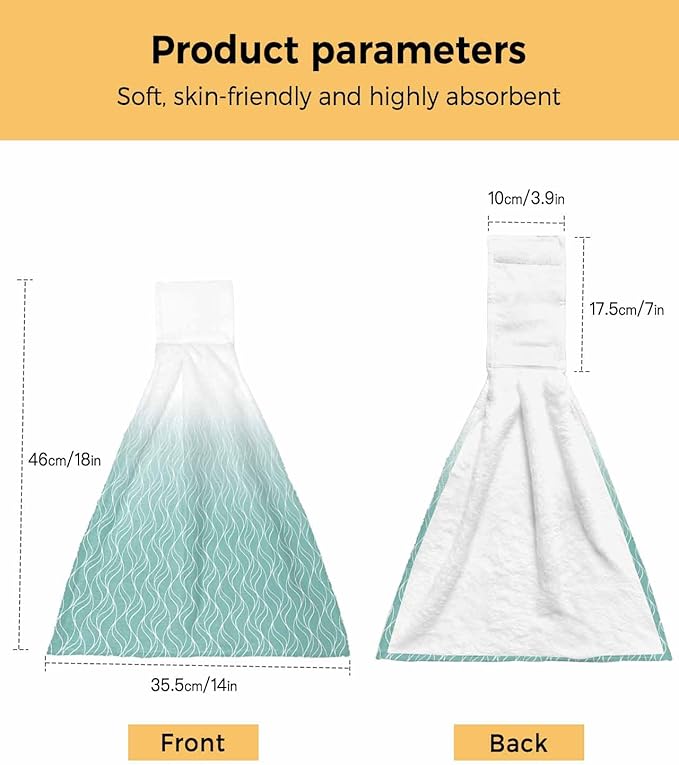 Alandar Home Kitchen Tie Towel Set of 2, Abstract White Wave Line Absorbent Soft Hand Towels for Bathroom Hanging Towels, Modern Stripe on Green Fast Drying Cleaning Cloth with Loop