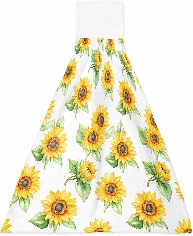 Alandar Home Kitchen Tie Towel Set of 1, Yellow Sunflower Farm Green Plant Absorbent Soft Hand Towels for Bathroom Hanging Towels, Summer Blossom Floral Fast Drying Cleaning Cloth with Loop