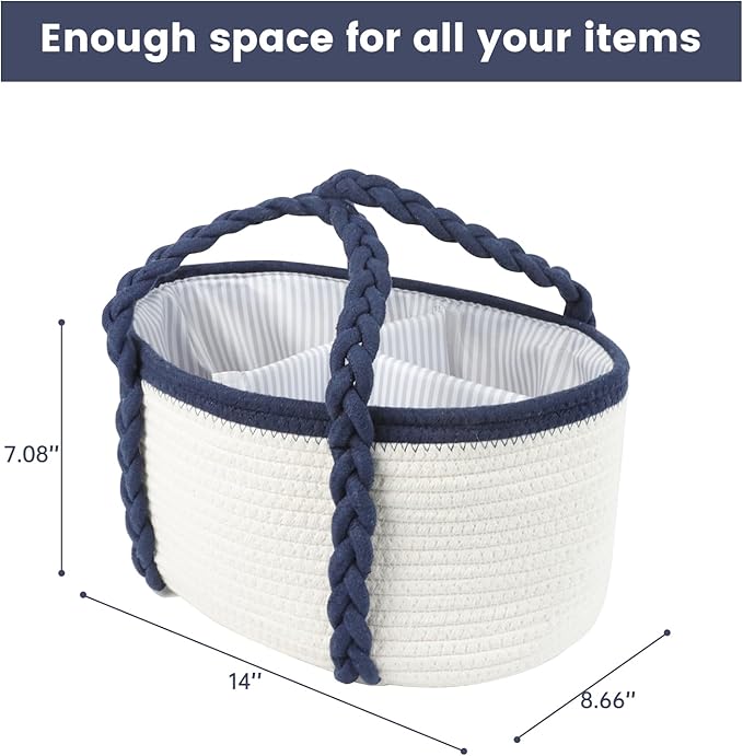 Baby Diaper Caddy, Portable Diaper Organizer for Changing Table, Car Travel Baby Shower Gifts Newborn Essentials, Cotton Rope Nursery Storage Basket for Boys (White＆Navy Blue)