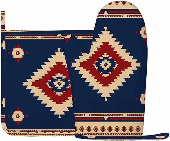 Mxocom Southwest Diamond Blue Red Heat-Resistant Oven Mitts and Pot Holder Indian Style on Blue and Red Background Kitchen Non-Slip Cooking Microwave Gloves for Cooking Baking Grilling