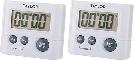 Taylor Digital Timer with 99 Minute 59 Second Display, Easy to Use, White Compact Design for Kitchen Cooking, Baking, and Timing Needs (Pack of 2)