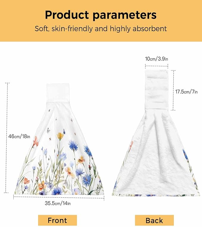 Alandar Home Kitchen Tie Towel Set of 1, Pastoral Blue Floral Butterfly on White Absorbent Soft Hand Towels for Bathroom Hanging Towels, Watercolor Flowers Fast Drying Cleaning Cloth with Loop
