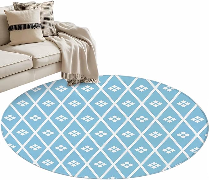 Washable Round Area Rug Boho Blue White Plaid Line Circle Rugs Floor Carpet for Living Room Bedroom, Abstract Geometric Diamond Soft Non Slip Round Rug 3ft