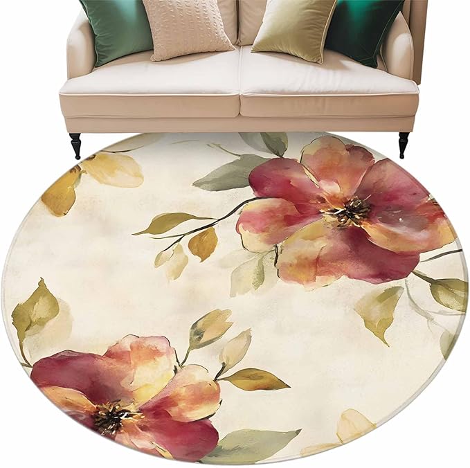 Washable Round Area Rug Oil Painting Style Flowers Circle Rugs Floor Carpet for Living Room Bedroom, Vintage Country Floral Soft Non Slip Round Rug 5ft