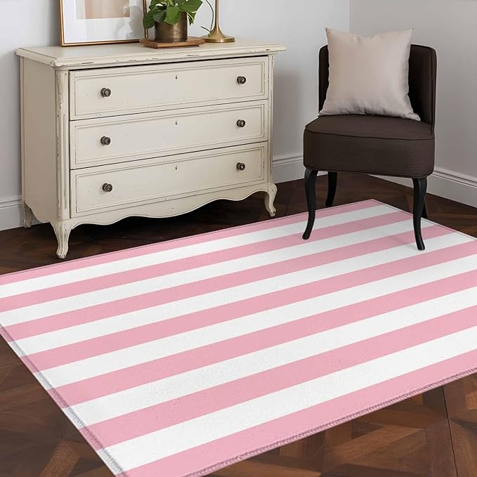 Area Rug 4x6ft, Pink White Stripe Washable Rugs for Living Room Bedroom, Classic Geometric Line Soft Non-Slip Area Rugs Rectangle Floor Carpet for Dining Room