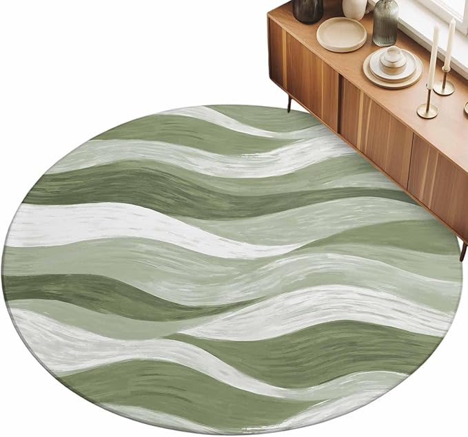 Washable Round Area Rug Modern Sage Green Gradient Stripe Circle Rugs Floor Carpet for Living Room Bedroom, Abstract Ocean Wave Soft Non Slip Round Rug 3ft