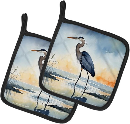 Caroline's Treasures Blue Heron Barely Lit Sky Pair of Pot Holders Kitchen Heat Resistant Pot Holders Sets Oven Hot Pads for Cooking Baking BBQ, 7 1/2 x 7 1/2