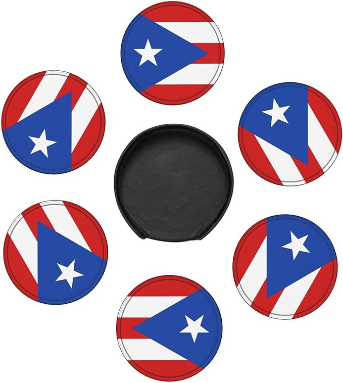 Puerto Rico Flag Leather Drinks Coasters with Holder, Set of 6, Suitable for Various Cups