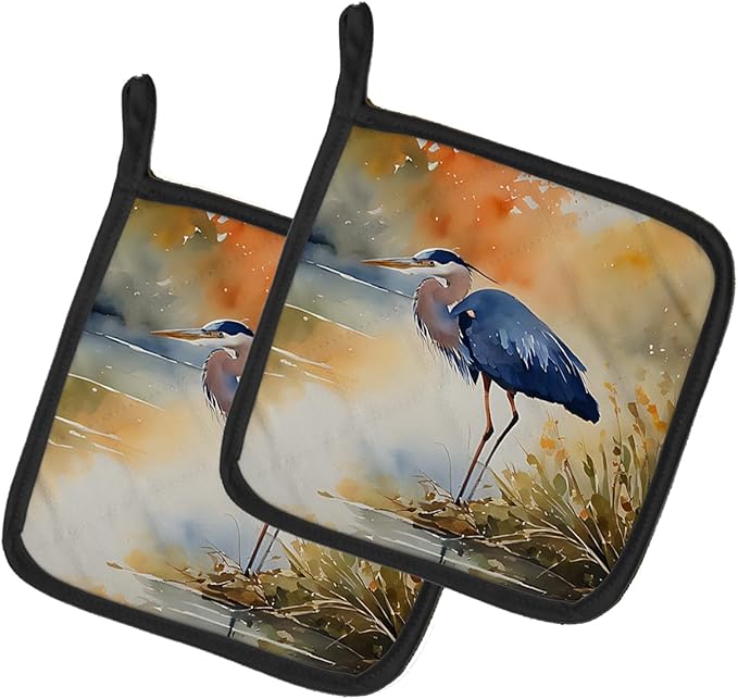 Caroline's Treasures Blue Heron Pair of Pot Holders Kitchen Heat Resistant Pot Holders Sets Oven Hot Pads for Cooking Baking BBQ, 7 1/2 x 7 1/2