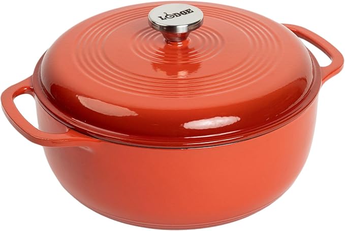 Lodge Essential Enamel Cast Iron Dutch Oven - Perfect for Bread Baking, Braising, Marinating & Slow Cooking - Features Moisture-Sealing Lid & Dual Handles - Kitchen Essentials - 6 Quarts - Poppy