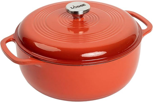Lodge Essential Enamel Cast Iron Dutch Oven - Perfect for Bread Baking, Braising, Marinating & Slow Cooking - Features Moisture-Sealing Lid & Dual Handles - Kitchen Essentials - 6 Quarts - Poppy