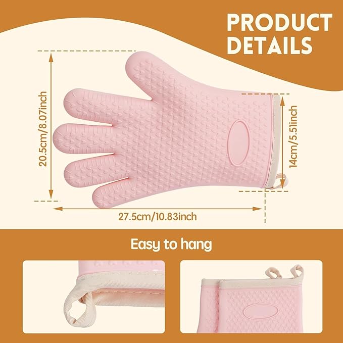 Kitchen Silicone Oven Gloves for Women 2 Pairs Oven Mitts with Fingers Heat Resistant Waterproof Handle Hot Food BBQ Grill Baking
