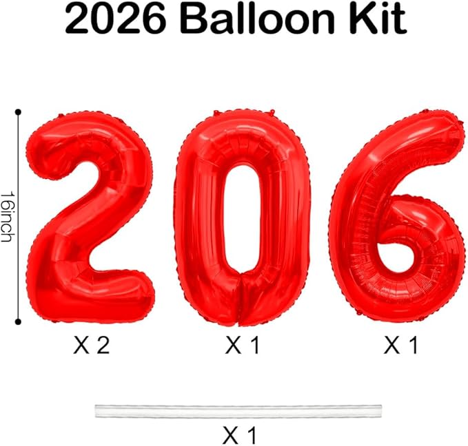 2026 Balloons, 2026 Number Balloons, 2026 Red Balloon, Foil Happy New Year Balloon for New Year Eve Party Supplies 2026 Graduation Decorations Anniversary Birthday Home Office Decorations, 16 Inch