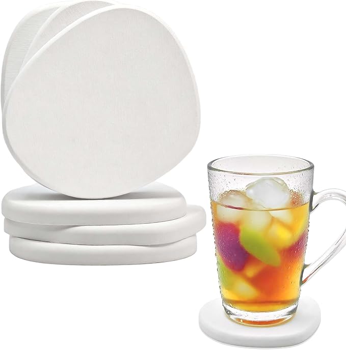 Diatomite Coasters Set of 6 | Absorbent Coasters for Drinks Cute Modern Unique Aesthetic Stone Coaster for Desks Coffee Table Instant Drying with 24 Removable Scratch Protection Pads - White