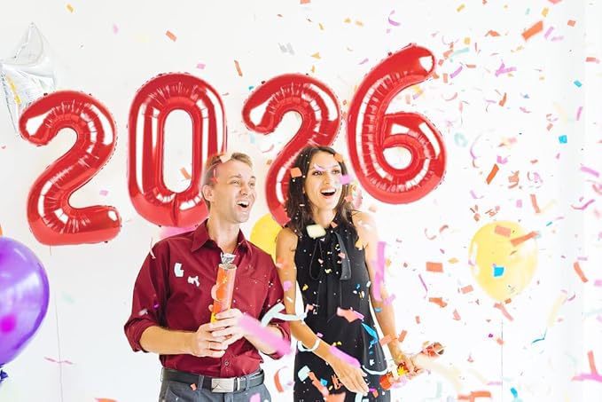 2026 Balloon Numbers - 40 Inch Red New Years Eve Party Supplies 2026, Nye Decor Party Decorations Happy New Year, New Years Eve Foil Party Balloons, Graduation Party Decorations