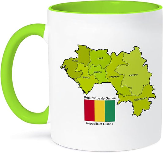 3dRose The map and flag of the Republic of Guinea with the regions colored and labeled 11oz Two-Tone Green Mug