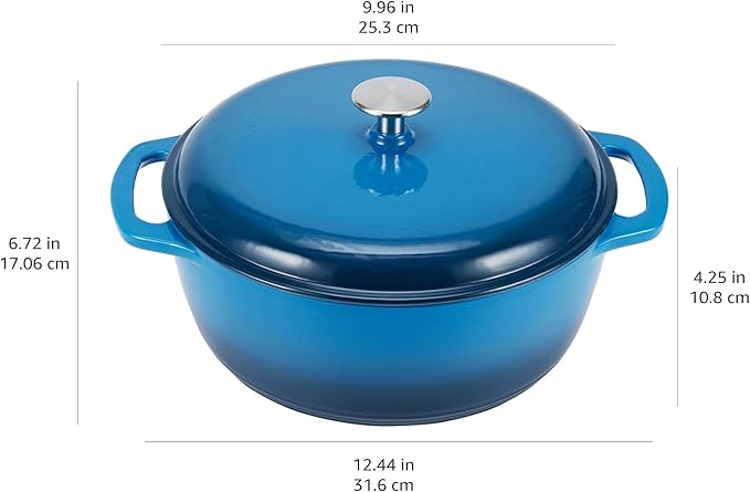 Amazon Basics Enameled Cast Iron Dutch Oven Pot with Lid, Dual Handles, Heavy-Duty, Oven Safe, Round, 4.3-Quart, Blue
