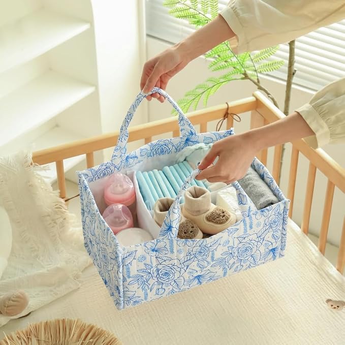 Quilted Fabric Storage Basket Floral Baby Diaper Caddy Quilted Basket Organizer for Newborn Nursery Bedroom Car Storage