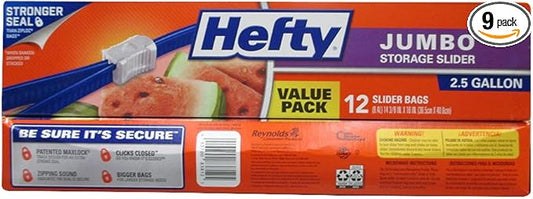 Hefty Slider Jumbo Storage Bags, 2.5 Gallon Size, 12 Count (Pack of 9), 108 Total