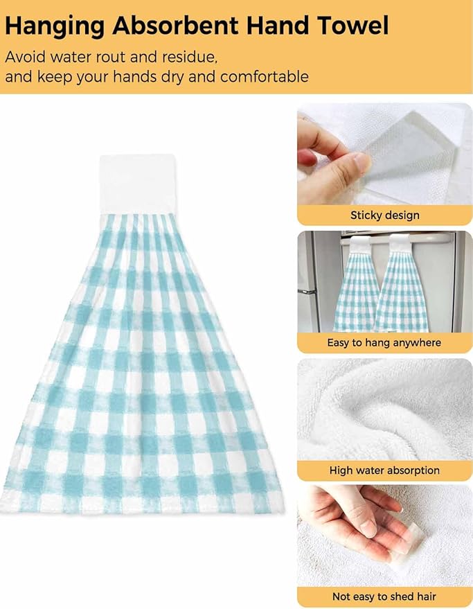 Alandar Home Kitchen Tie Towel Set of 1, Country Farm Buffalo Plaid Grid Absorbent Soft Hand Towels for Bathroom Hanging Towels, Watercolor Classic Lattice Fast Drying Cleaning Cloth with Loop