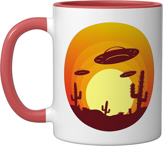UFO Alien Abduction Conspiracy Vintage Nevada Desert Sunset Ceramic Mug, Red/White