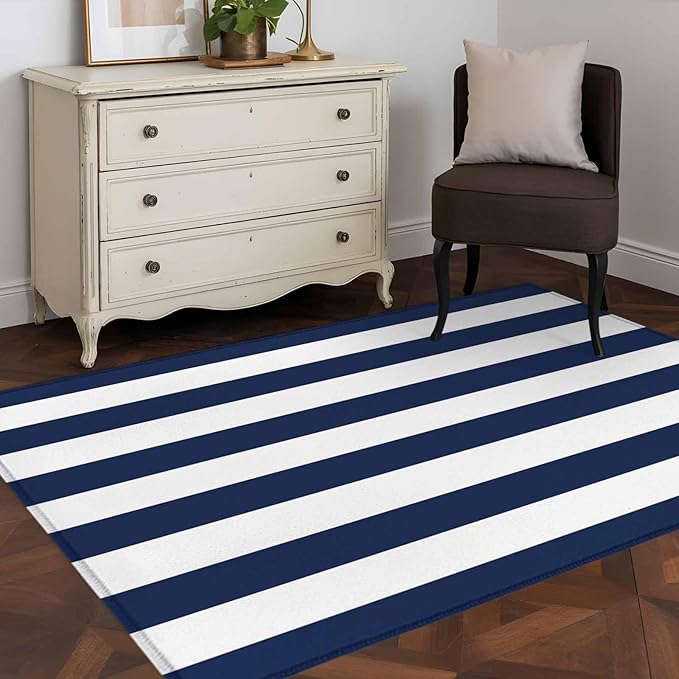 Area Rug 4x6ft, Nautical Black and White Stripes Washable Rugs for Living Room Bedroom, Striped Soft Non-Slip Area Rugs Rectangle Floor Carpet for Dining Room
