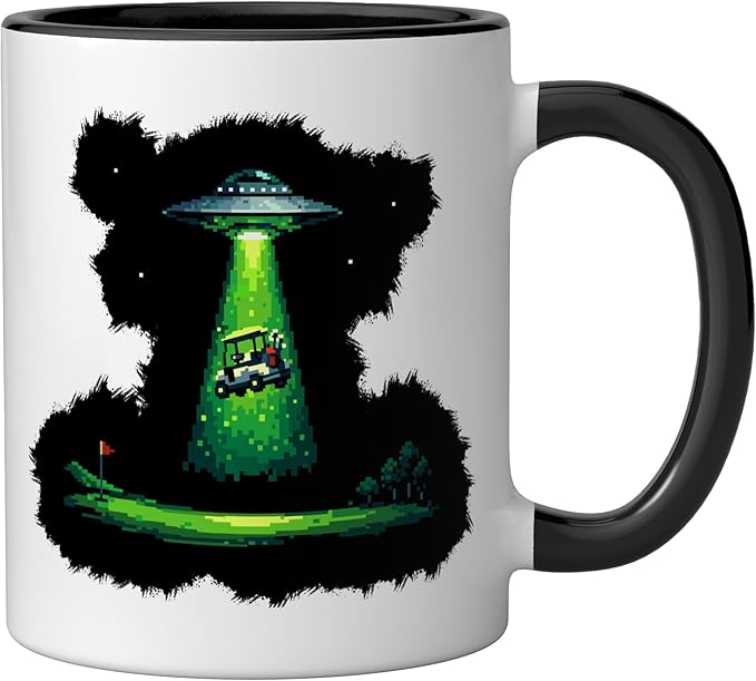 Retro Pixel Art UFO Abducting Golf Cart Funny Alien Golfing Ceramic Mug, Black/White