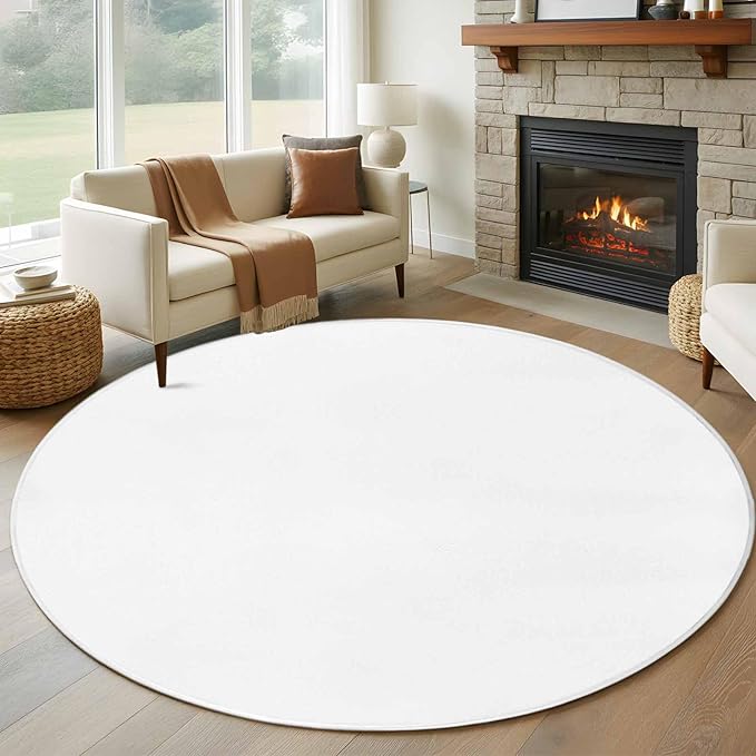 Washable Round Area Rug Pure White Circle Rugs Floor Carpet for Living Room Bedroom, Minimalist Solid Color Soft Non Slip Round Rug 5ft