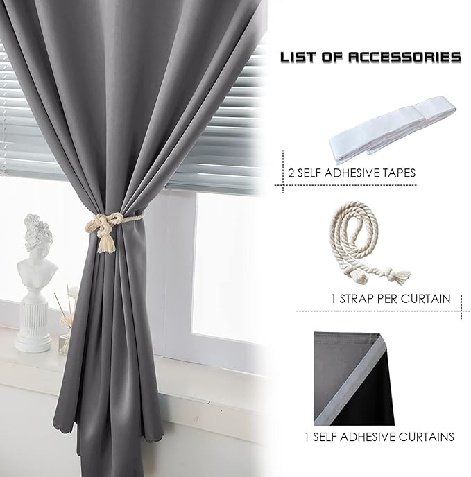 AJAZZ 100% Blackout Self Adhesive Curtains Small Window Short Temporary Blackout Curtains Easy to Install Used for Bedroom Kitchen Window Cover (Dark Grey, 35" W x 63" L) 1 Panel
