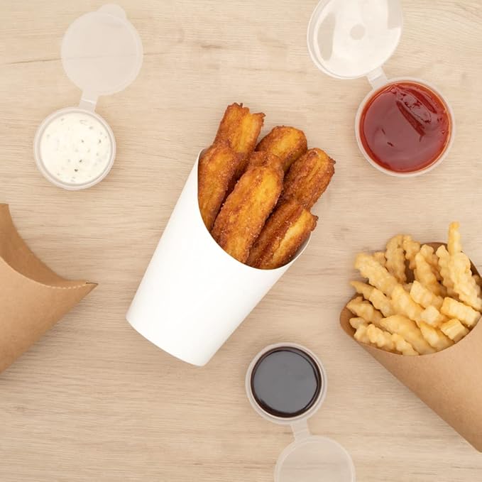 Restaurantware Bio Tek 12 Ounce French Fry Containers 100 Disposable Charcuterie Cups - Incline Design Round White Paper French Fry Cups Stackable For Waffles Chips or Popcorn