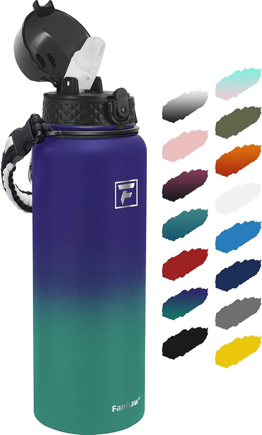 Fanhaw 40 oz Insulated Stainless Steel Water Bottle with Straw Lid, Leakproof Extra-Large Sports Bottle for Men & Women (Purple Green)