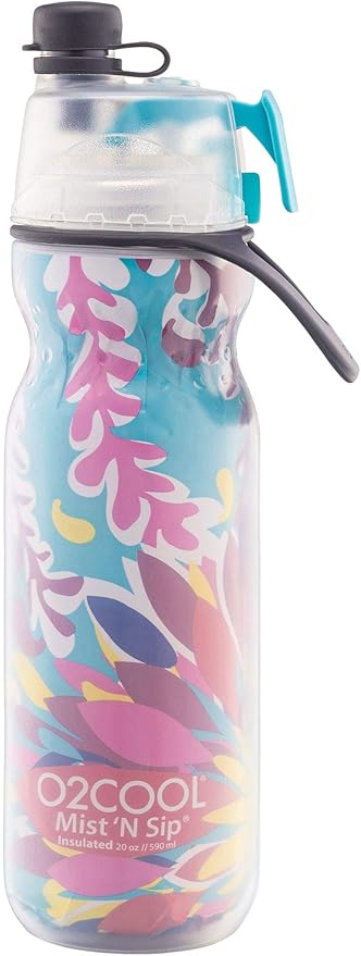 O2COOL Mist 'N Sip Misting Water Bottle 2-in-1 Mist And Sip Function With No Leak Pull Top Spout Reusable Sports Water Bottle - 20 oz (Tropical)