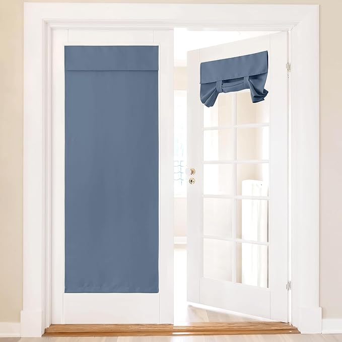 NICETOWN Farmhous Curtains for French Door, Thermal Insualted Privacy Window Shade with Sticky Door Blinds for Living Room Bedroom, 36" Width x 80" Length, 1 Panel, Stone Blue