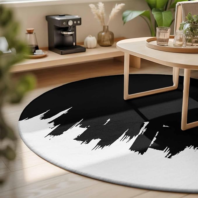 Washable Round Area Rug Abstract Black Graffiti Texture Circle Rugs Floor Carpet for Living Room Bedroom, Modern Minimalist Art Soft Non Slip Round Rug 3ft