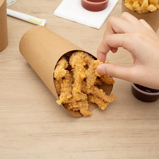 Restaurantware Bio Tek 16 Ounce French Fry Containers 100 Disposable Charcuterie Cups - Incline Design Round Kraft Paper French Fry Cups Stackable For Waffles Chips or Popcorn