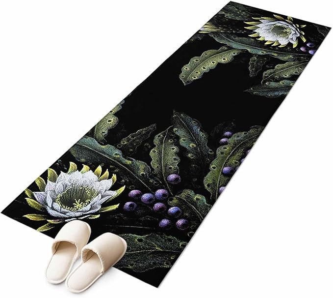 Runner Rug for Bedroom Hallway, Watercolor Flower Berry Leaves Kitchen Runner Rugs Area Rug 2x6ft, Botanical Plant Dark Style Washable Soft Floor Carpet for Entryway Stair