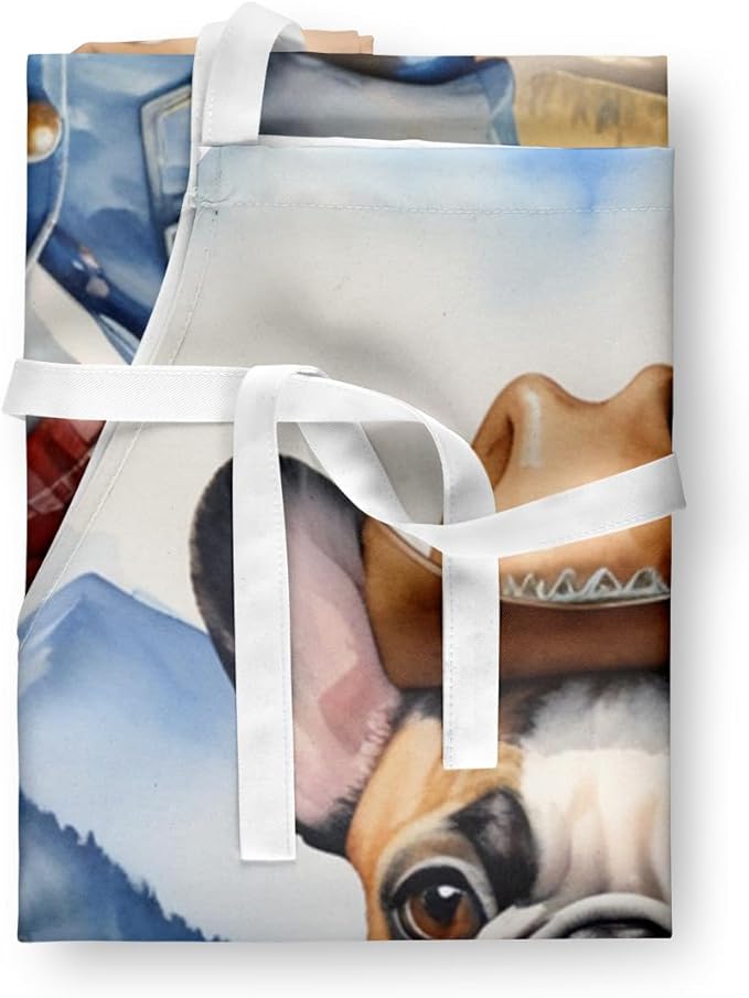 Caroline's Treasures French Bulldog Cowboy Welcome Apron Cooking Kitchen Server Baking Crafts Gardening for Adult Women Men, Unisex, Large, Multicolor