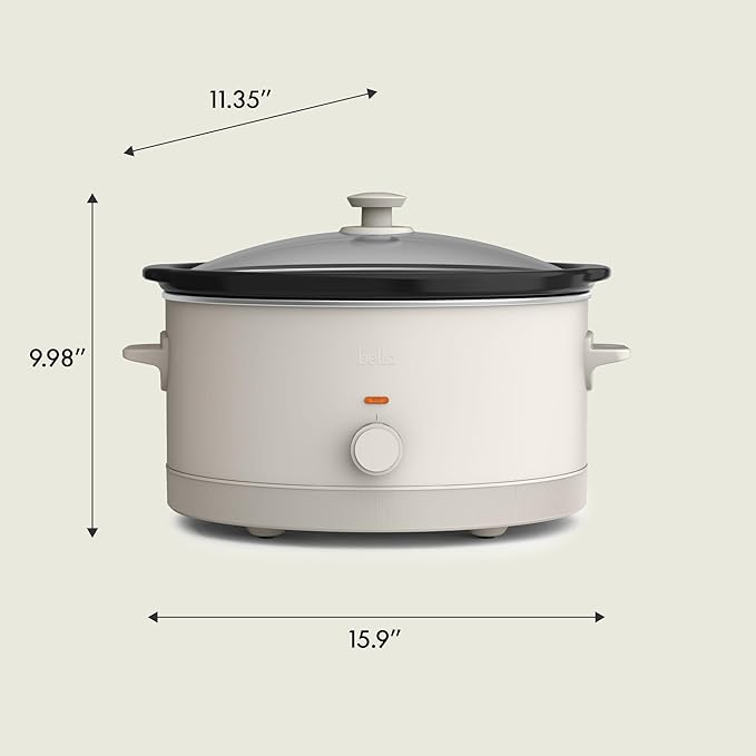 bella 6.0 Qt Manual Slow Cooker, Ceramic Nonstick Coating, 3 Temperature Settings, Dishwasher Safe Stoneware Pot and Tempered Glass Lid, Cool Touch Handles & Tangle Free Cord Wrap, Oatmilk