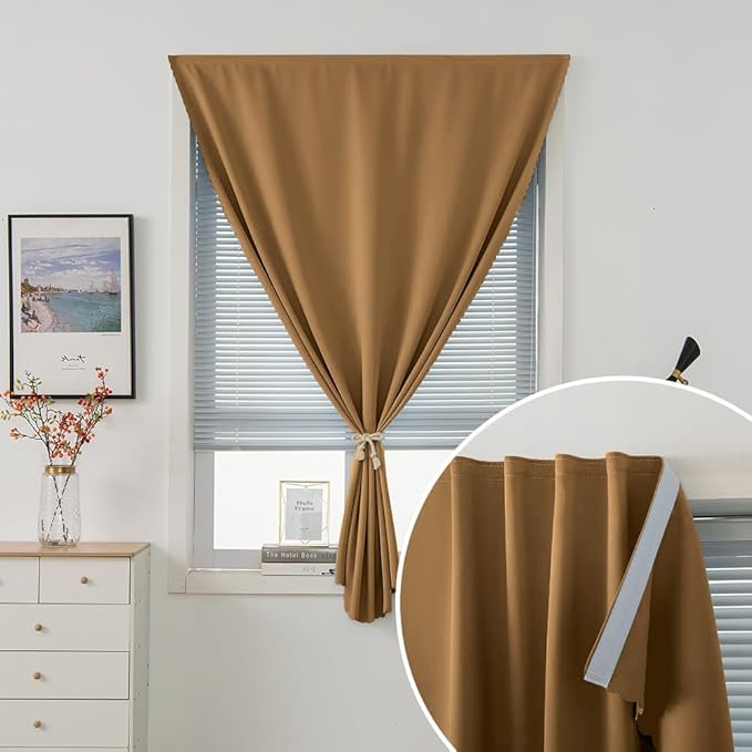 Self Adhesive Curtains, Stick Curtain Blackout Shades Window Cover Curtains for Living Room No Drilling, 47" W X 79" L, Brown, 1 Panel