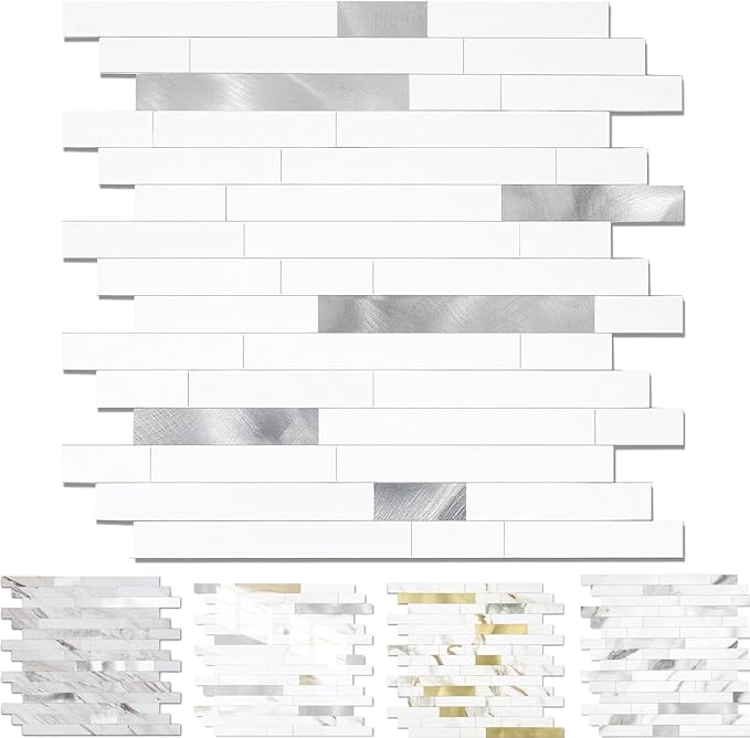 Yipscazo Peel and Stick Stone Metal Backsplash, Stick on Tiles for Backsplash Kitchen (1 Pack, Pure White)