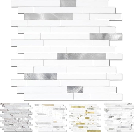 Yipscazo Peel and Stick Stone Metal Backsplash, Stick on Tiles for Backsplash Kitchen (1 Pack, Pure White)