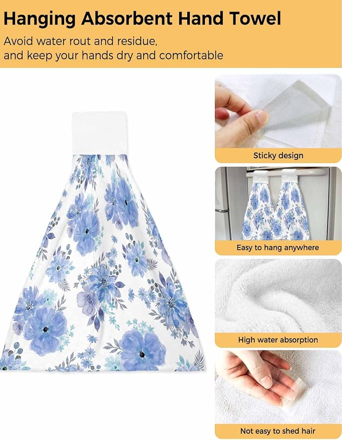 Alandar Home Kitchen Tie Towel Set of 2, Watercolor Spring Flowers Absorbent Soft Hand Towels for Bathroom Hanging Towels, Purple Floral Art Fast Drying Cleaning Cloth with Loop