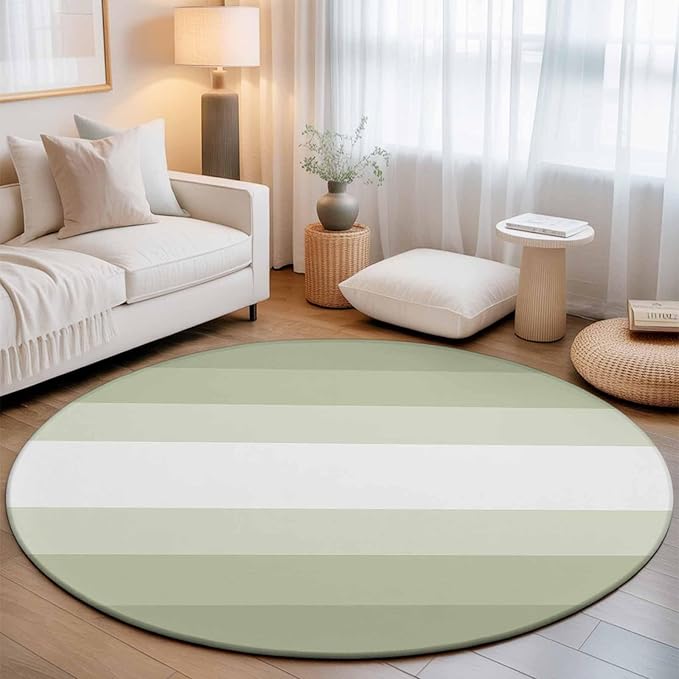 Washable Round Area Rug Modern Sage Green Gradient Style Circle Rugs Floor Carpet for Living Room Bedroom, Farmhouse Ombre Stripe Soft Non Slip Round Rug 5ft